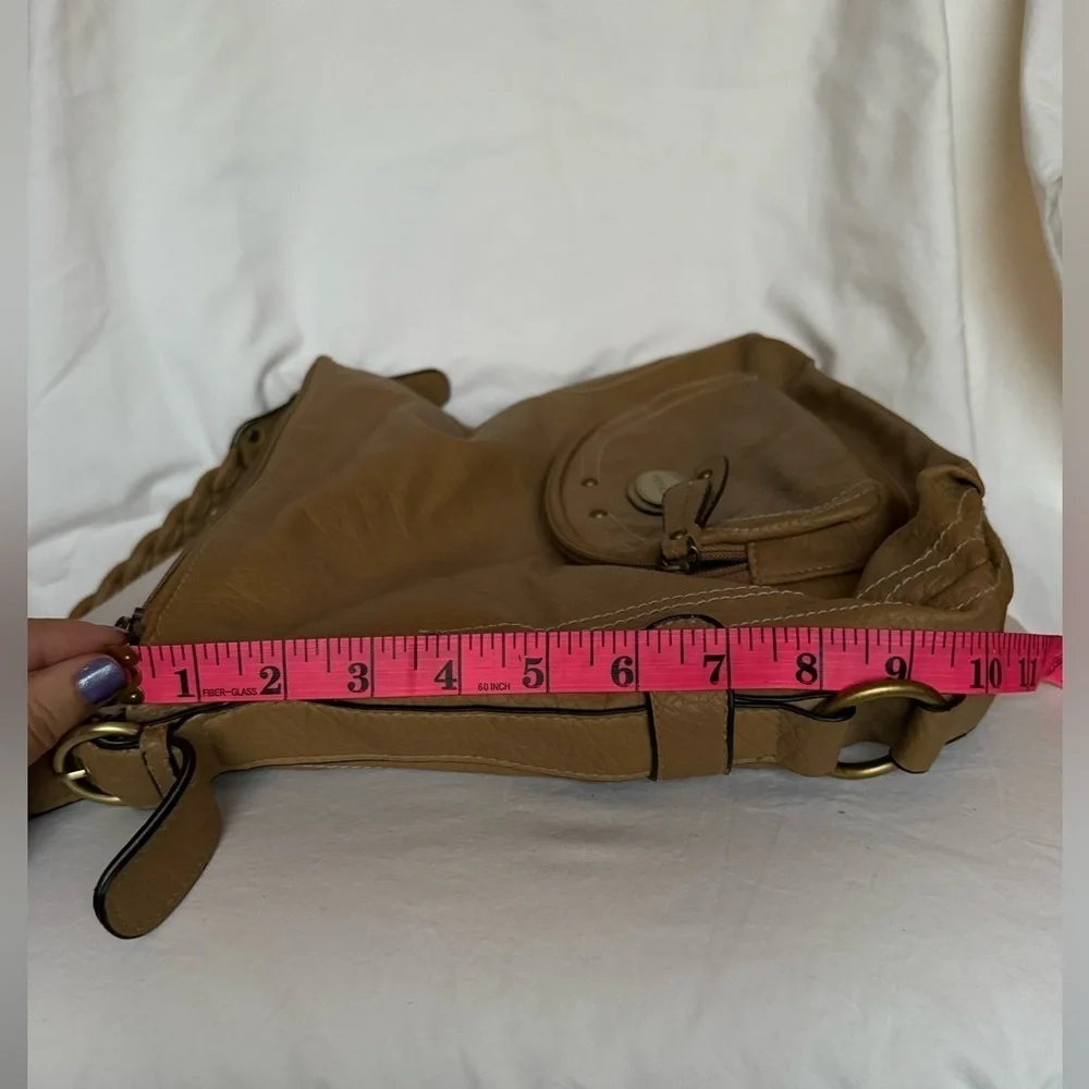 Strada Tan Beige Leather Braided Handle Boho Hobo Purse